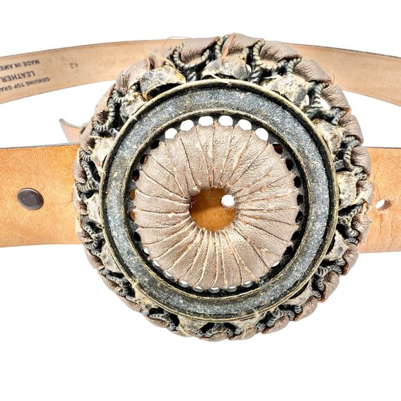 Genuine Top Grain Leather Belt Size 42 Ornate Metal Buckle Brown Silver USA Made main image 5